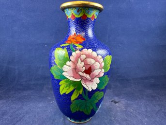Asian Cloisonne Enamel Vase Blue Floral