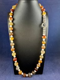 Sterling Silver And Marcasite Faceted Quarts And Pearl Necklace, 28'