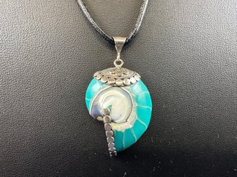 Turquoise Nautilus Shell In Sterling Silver Pendant On Cord, 18'