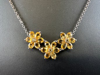 Sterling Silver And Yellow Citrine Flower Necklace, 16-18'