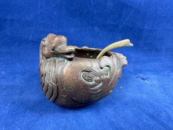 Asian Collectable Bronze Duck Container And Spoon In Fabric Box - Lot 14
