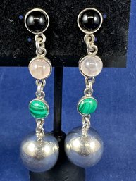 Sterling Silver Rose Quartz And Onyx Ball Earrings