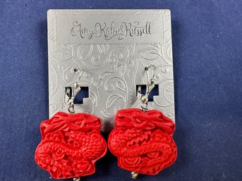 Amy Kahn Russell Carved Cinnabar  Dragon  Earrings On Sterling Silver Hooks, New On Card