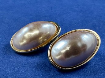 Les Bernard Large Oval Mother Of Pearl Cabochon Clip Earrings