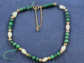 14K Yellow Gold Malachite, Fresh Water Pearl Bracelet, 8' With Safety