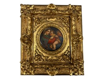 Painting, Antique Painted Porcelain Madonna And Baby Jesus, Florence Italy - Carved Wood Gold Guilded Frame