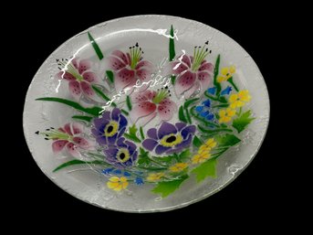 Vintage, Fused, Art Glass Bowl, 13 Inch Diameter, Floral Pattern, ?Peggy Karr