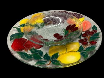 Vintage, Fused Art Glass,  Fruit Theme Bowl / Large Serving Platter, ? Peggy Karr, Not Signed, Lovely Set
