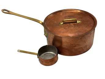 Vintage, Bazar  8.5' Diameter, Copper Saucepan And 3.25' Measuring Cup, Stamped