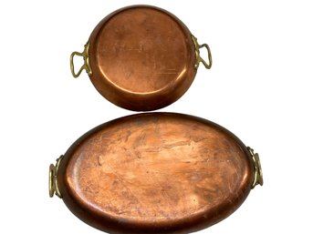 Set Of 2 Made In France Copper Bakers, Oval, Au Gratin Pan, Round Baker