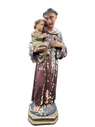Saint Anthony Of Padua Holding Infant Jesus, 16' Tall, Chips And Paints Loss, See Photos Closely, Religious