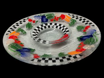 Vintage Checkerboard Fused Glass Fruit Bowl And Oversized Serving Platter, ? Peggy Karr,