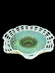 Fenton Opalescent Green And Blue Woven Glass Basket With Ruffle Edge