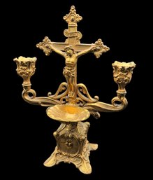 Vintage Brass/bronze Cast Metal Crucifix Cross With Candle Holders & Holy Water Font