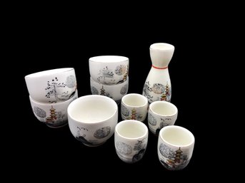 Vintage, Mid - Century Modern, Japanese,  Saki Set And Bowls  - 10 Pieces