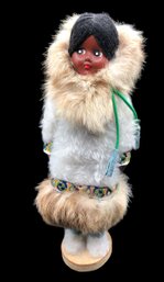 Vintage, Hand Made 11' Eskimo Doll In Fur Suit On Wooden Base