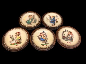 Vintage Collection Of 5 W. Goebel Hummel Annual Plates, Marked, Wood Surround, 1970's