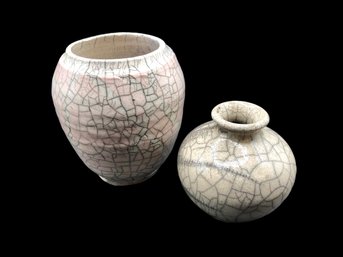 Collection Of 2 Petite Vessels, Raku Crackle Finish, Off White And Pink Toned