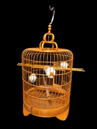 Vintage Late 20th Century Asian Chinese Design Round Carved Bamboo Wooden Bird Cage, Hang Or Tabletop