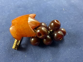 Antique Amber Leaf With Grapes Pin, Marked MET