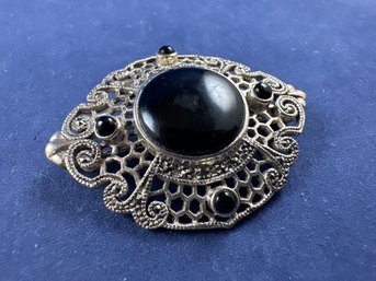 Sterling Silver Onyx & Marcasite Pin Brooch