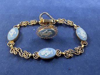 Van Dell Gold Filled Wedgewood Braclet With Lone Screw Back Earring That Could Be Turned Into A Pendant