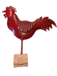 Country-themed Decorative Metal Red Rooster On A Stone Base Stand
