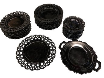 Vintage Black Amethyst Glass Round Plate Dish Lace Edge Design, 24 Pieces