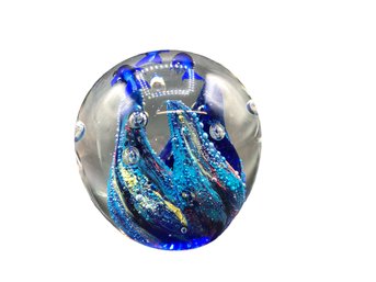 Murano Style Art Glass Blue Wave Paperweight