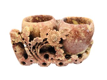 Antique Asian Hand Carved Soapstone Dual Brush Pot Vase