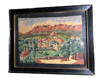 Antique Miniature Embroidery   Medieval Castle In Black Wooden Frame 1930s (?)