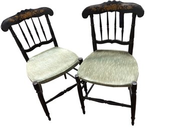 Pair Of Hitchcock Style Chairs With Cloth Upholstered Seat