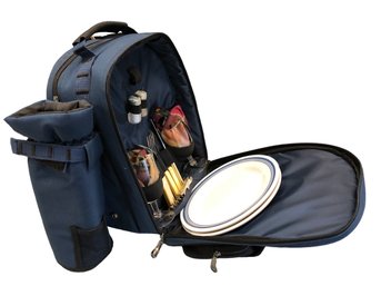Travel Picnic Backpack For 2 Person (Blue) With Plates, Flatware Cutlery, Wne Glass Set