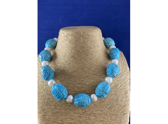 Pearl And Carved Turquoise? Carved Necklace