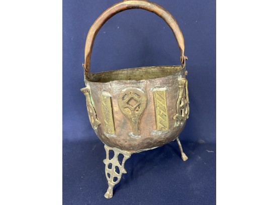 Footed Copper Pot With Handle With Metal Work Design