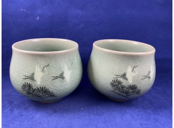 Two Lovely Celadon Green Crane Tea Cups
