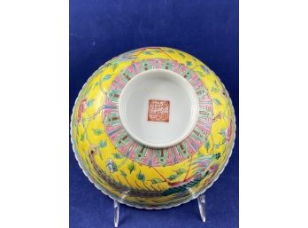 Beautiful Asian Bowl With Bright Yellow Peacocks And Flowers, Scalloped Edge