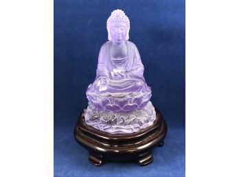 Purple Glass Buddha On Wood Base, Made In Taiwan