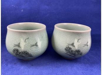 Two Lovely Celadon Green Crane Tea Cups