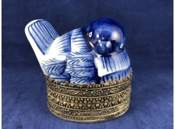 Very Sweet Blue & White Bird On Silver Trinket Box Nest