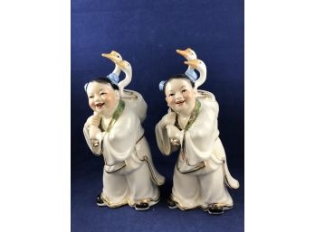 Pair Of Girls In Traditional Dress With Gold Accents And Geese In Sachel