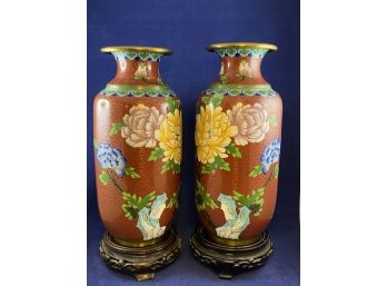 Two Aisian Inspired Matching Cloisonne Vase With Wood Bases And Beautiful Flowers