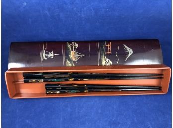 2 Pairs Of Stunning Mens And Womens Inlayed Chopsticks In Beautiful Lacquer Box
