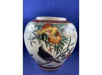 Beautiful Asian Vase With Handpainted Birds Eating Pomegranates, Signed By Artist