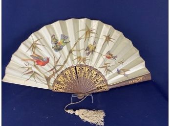 Stunning Silk Fan With Beautiful Birds, Wood Handle With Gold Accents
