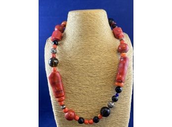 Stunning Necklace Of Coral And Faceted Stone Accents With Sterling Silver Accents