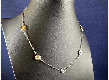 Sterling Silver Necklace With Peridot, Garnet, Citrine, Topaz, Amethyst Faceted Stones, 16'