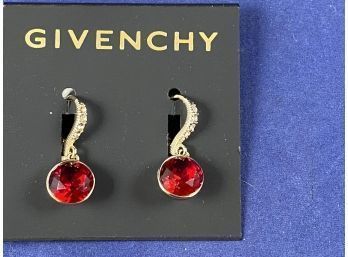 Givenchy Earrings, Gold Tone With Red Stones, New