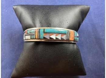 Sterling Silver Southwest Style Intricate Turquoise, Mother Of Pearl And Coral Inlaid, Cuff Bracelet
