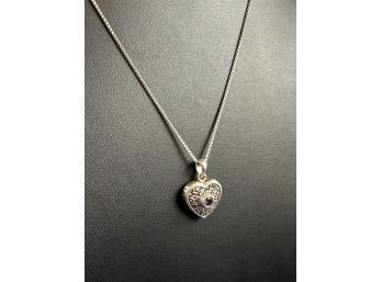 Amethyst, Marcasite, Sterling Silver Heart Pendant On A Box Chain, 19'